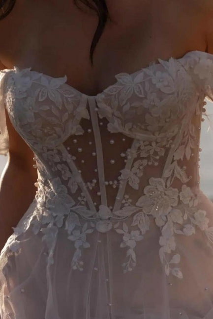 Robe de mariée blanche fabuleuse en dentelle, ligne A, sans manches, à épaules dénudées avec volants