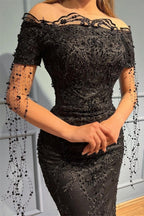 Robe de bal noire fabuleuse, bustier sans bretelles et épaules dénudées