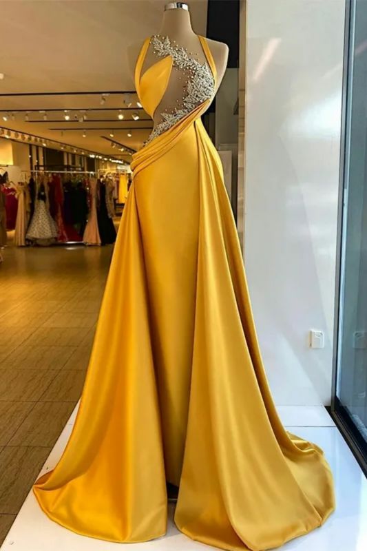 Robe de bal longue jaune sans manches à col licou en satin avec perles, magnifique colonne