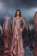 Robe de bal en satin longueur au sol, manches longues, col rond, coupe sirène avec volants
