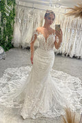 Vestido de Noiva Maravilhoso Comprido até ao Chão com Decote em V, Mangas Compridas, Renda em Estilo Sereia e Cauda de Capela