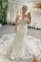 Vestido de Noiva Maravilhoso Comprido até ao Chão com Decote em V, Mangas Compridas, Renda em Estilo Sereia e Cauda de Capela