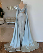 Robe de bal longue bleue fabuleuse à col en V, sirène, en dentelle pailletée avec manches