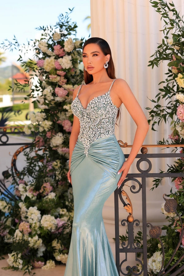 Robe de bal fabuleuse longue verte sirène en satin avec bretelles spaghetti en dentelle