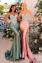 Robe de bal fabuleuse longue verte sirène en satin avec bretelles spaghetti en dentelle