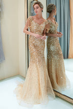 Robe de bal longue sirène fabuleuse en tulle à paillettes, décolletée épaules nues