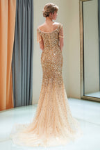 Robe de bal longue sirène fabuleuse en tulle à paillettes, décolletée épaules nues