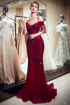 Robe de bal longue sirène fabuleuse en tulle à paillettes, décolletée épaules nues