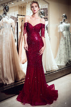 Robe de bal longue sirène fabuleuse en tulle à paillettes, décolletée épaules nues