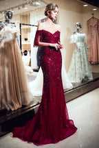 Robe de bal longue sirène fabuleuse en tulle à paillettes, décolletée épaules nues