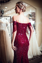 Robe de bal longue sirène fabuleuse en tulle à paillettes, décolletée épaules nues