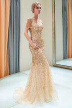Robe de bal longue sirène fabuleuse en tulle à paillettes, décolletée épaules nues