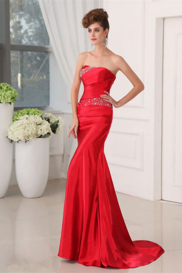 Robe de bal fabuleuse longue rouge sans bretelles, ornée de paillettes, sans manches, à lacets en dentelle