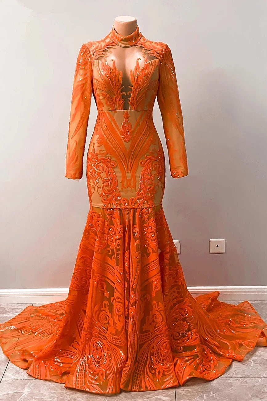 Vestidos de fiesta sirena con mangas largas de encaje y apliques de halter naranja fabuloso