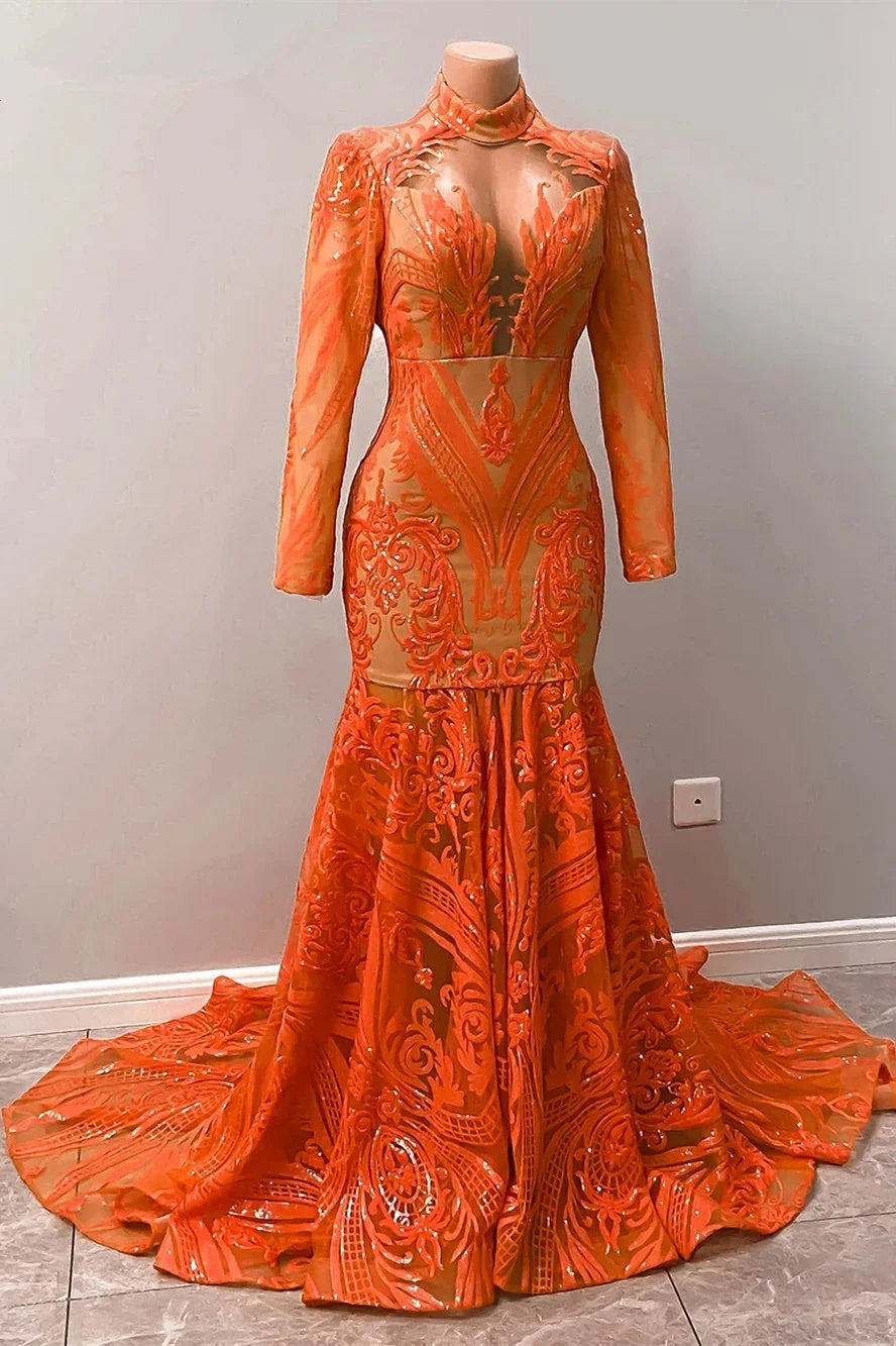 Vestidos de fiesta sirena con mangas largas de encaje y apliques de halter naranja fabuloso