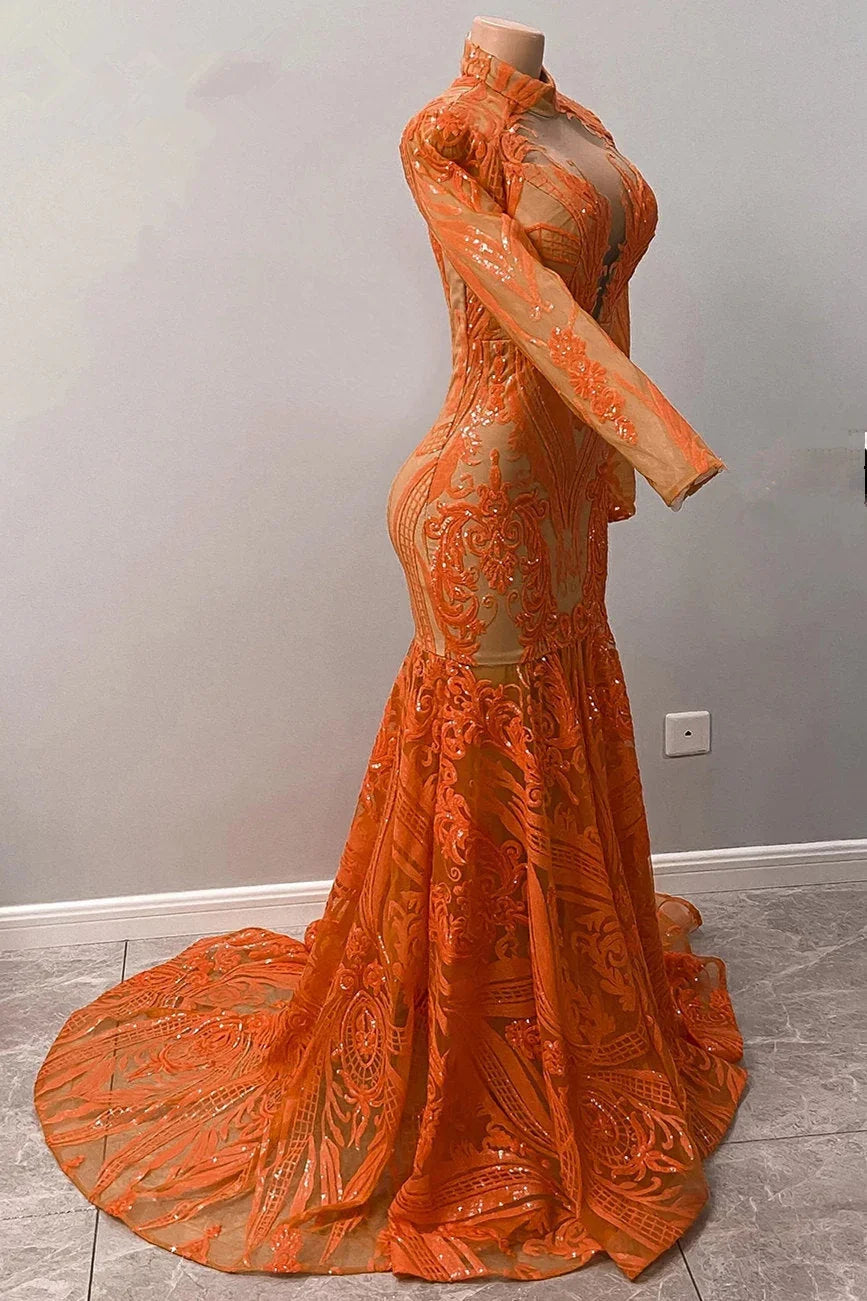 Vestidos de fiesta sirena con mangas largas de encaje y apliques de halter naranja fabuloso