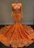 Vestidos de fiesta sirena con mangas largas de encaje y apliques de halter naranja fabuloso
