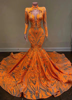 Vestidos de fiesta sirena con mangas largas de encaje y apliques de halter naranja fabuloso