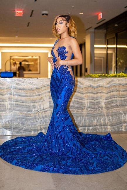 Robe de bal sirène en dentelle bleu royal somptueuse, longueur au sol