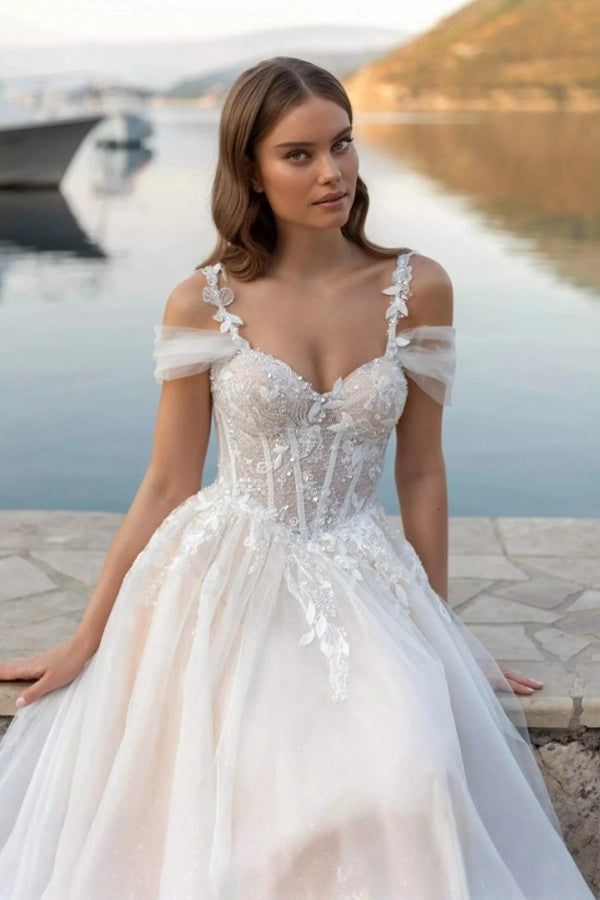 Fairy longo marfim fora do ombro sem mangas vestido de noiva linha com apliques