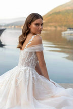 Fairy longo marfim fora do ombro sem mangas vestido de noiva linha com apliques