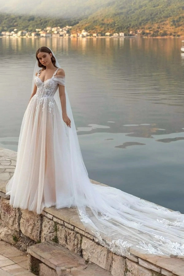 Fairy longo marfim fora do ombro sem mangas vestido de noiva linha com apliques