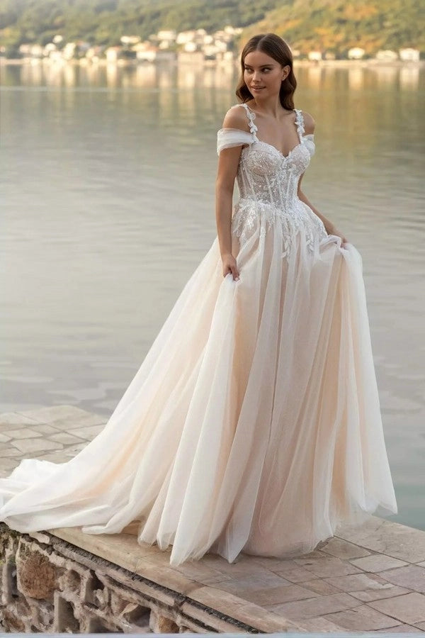 Fairy longo marfim fora do ombro sem mangas vestido de noiva linha com apliques