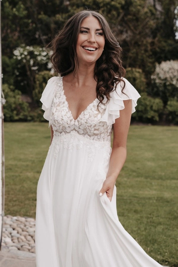 Ivory Fairy Long V Neck A Line Wedding Dress With Appliques Short Sleeves