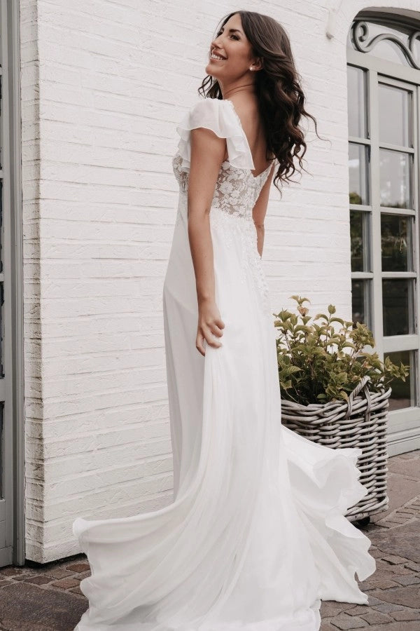 Ivory Fairy Long V Neck A Line Wedding Dress With Appliques Short Sleeves