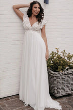 Ivory Fairy Long V Neck A Line Wedding Dress With Appliques Short Sleeves