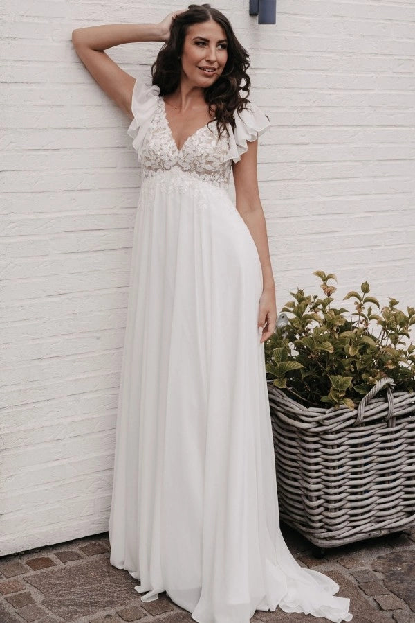 Ivory Fairy Long V Neck A Line Wedding Dress With Appliques Short Sleeves