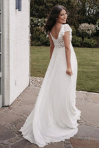 Ivory Fairy Long V Neck A Line Wedding Dress With Appliques Short Sleeves