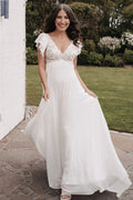 Ivory Fairy Long V Neck A Line Wedding Dress With Appliques Short Sleeves