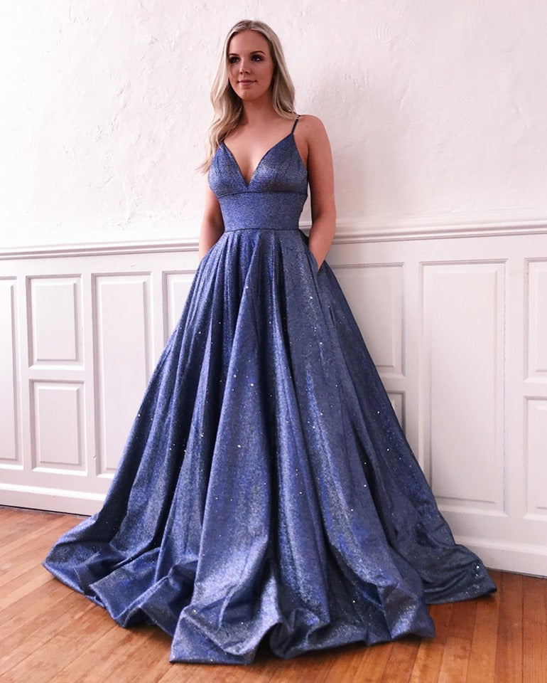 Robe de bal fascinante longue en soie éclatante, coupe trapèze, col en V, avec poches