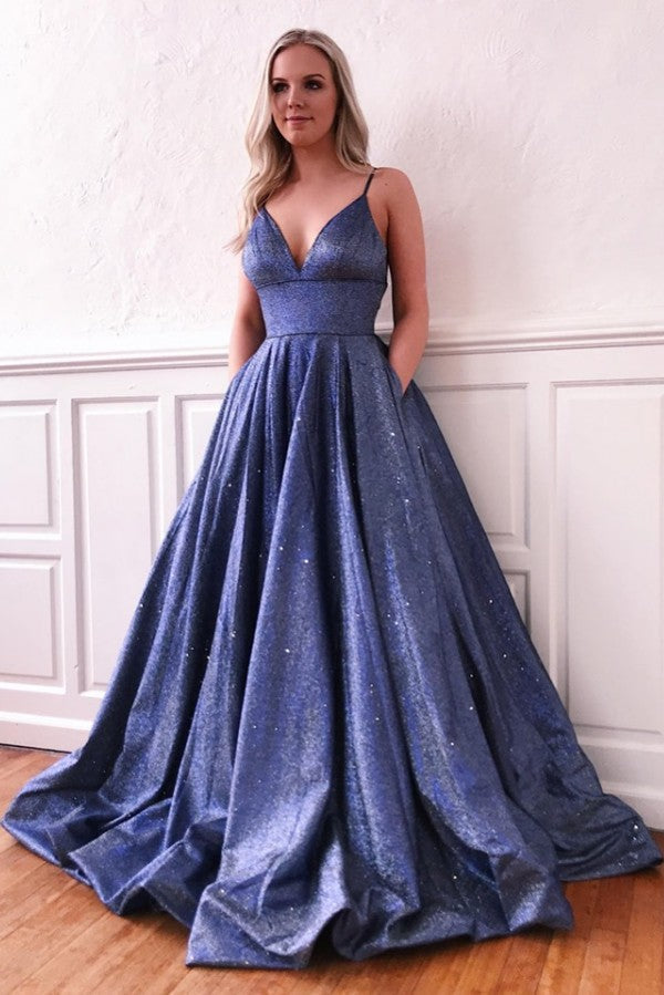 Robe de bal fascinante longue en soie éclatante, coupe trapèze, col en V, avec poches