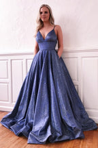 Robe de bal fascinante longue en soie éclatante, coupe trapèze, col en V, avec poches