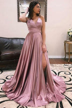 Robe de bal fascinante longue en satin, coupe trapèze, col en V, dos ouvert avec fente avant