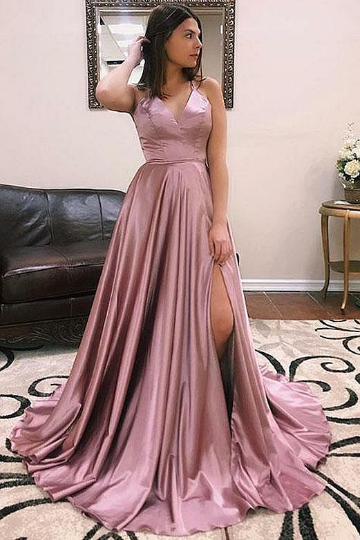 Robe de bal fascinante longue en satin, coupe trapèze, col en V, dos ouvert avec fente avant
