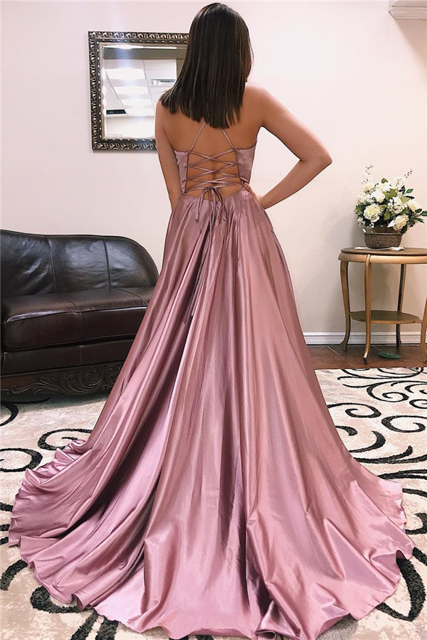 Robe de bal fascinante longue en satin, coupe trapèze, col en V, dos ouvert avec fente avant