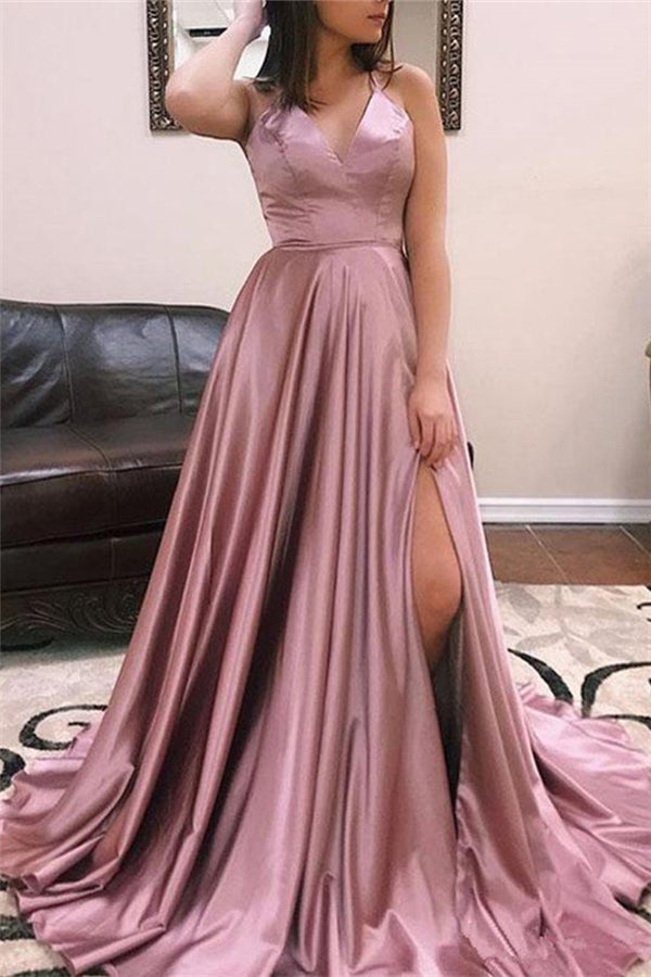 Robe de bal fascinante longue en satin, coupe trapèze, col en V, dos ouvert avec fente avant