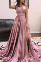 Robe de bal fascinante longue en satin, coupe trapèze, col en V, dos ouvert avec fente avant