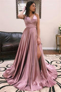 Robe de bal fascinante longue en satin, coupe trapèze, col en V, dos ouvert avec fente avant