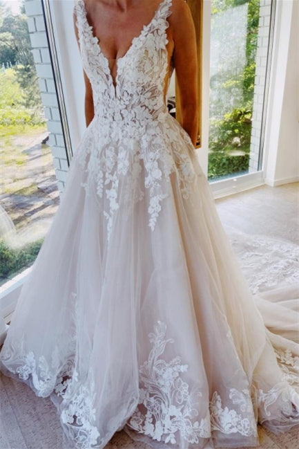 Robes de mariée sans dos, ligne A, col en V, sans manches, avec dentelle