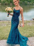 Vestido de Baile Comprido de Sereia com Renda e Costas Descobertas Vestidos Formais Modestos para Noite