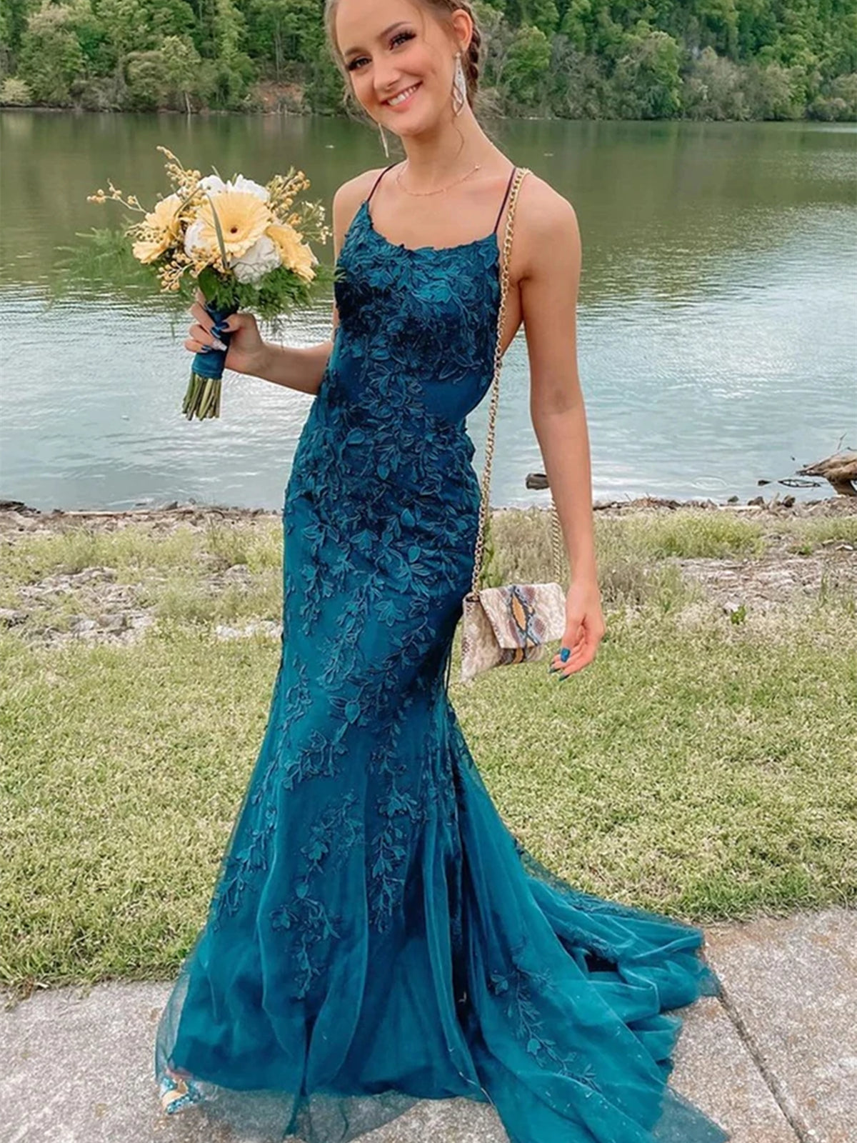 Vestido de Baile Comprido de Sereia com Renda e Costas Descobertas Vestidos Formais Modestos para Noite