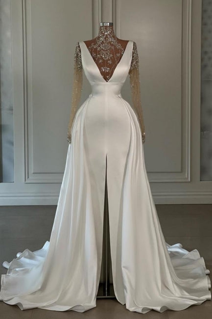 Robe de bal longue blanche en ligne A, col haut en dentelle scintillante, fendue devant, à manches longues