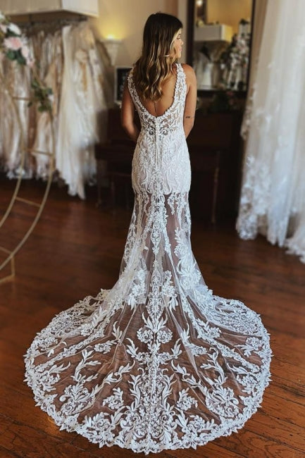 Abiti da sposa a sirena con spalline sottili in pizzo e spacco