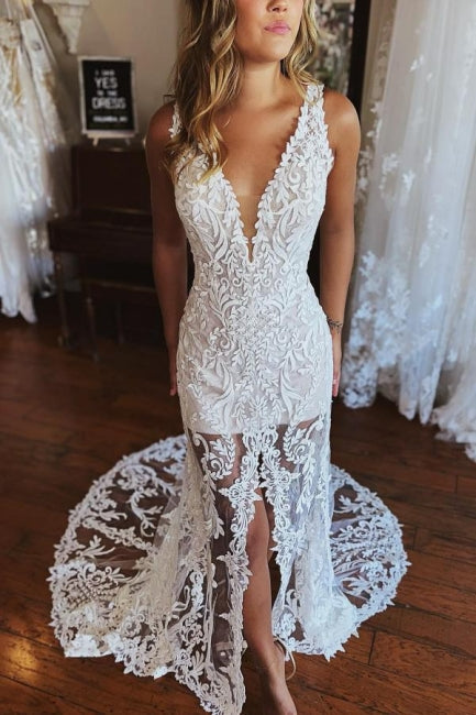 Abiti da sposa a sirena con spalline sottili in pizzo e spacco