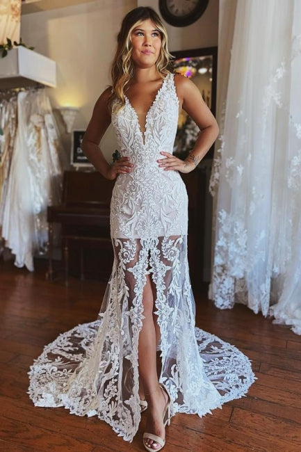 Abiti da sposa a sirena con spalline sottili in pizzo e spacco