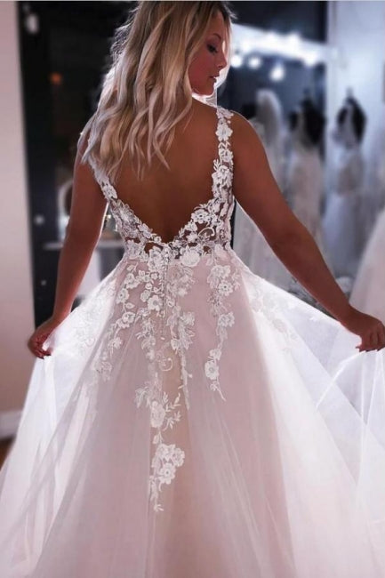 Robe de mariée à bretelles mode, ligne A, dos nu, col en V avec dentelle